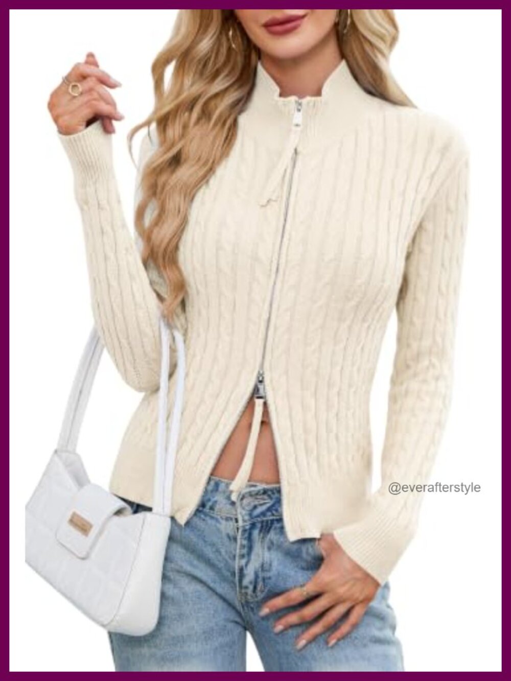 Cable Knit Zip Up Cardigan Mock Neck Long Sleeve Sweater Jacket
